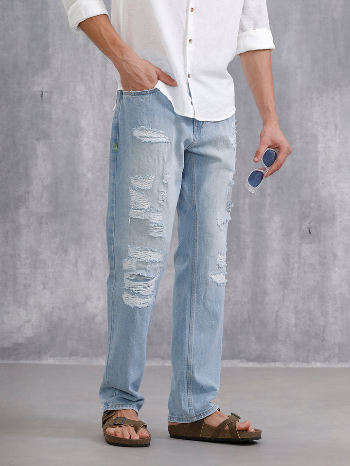 Solid Anti Fit Distressed Jeans | Light Blue