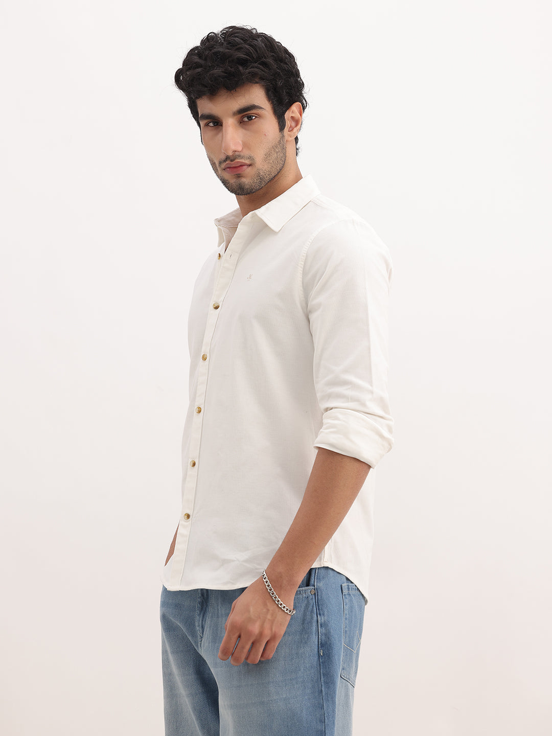 Slim Fit Solid Corduroy Shirt | White