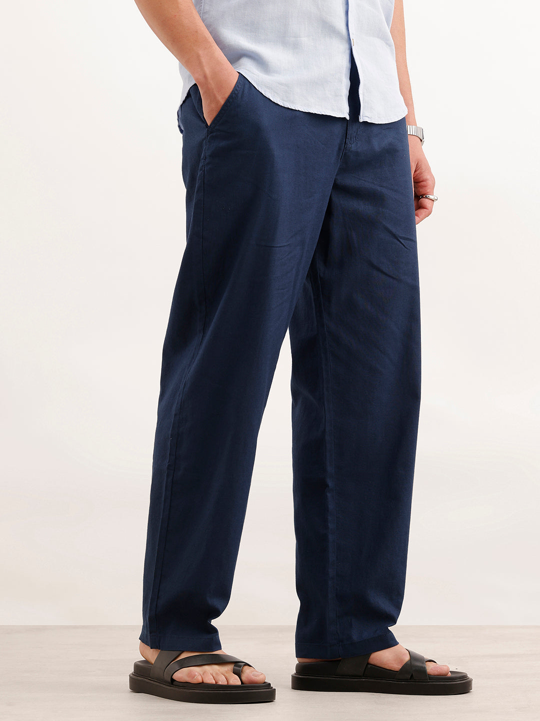 Loose Fit Solid Linen Blend Mens Trouser  | Navy Blue
