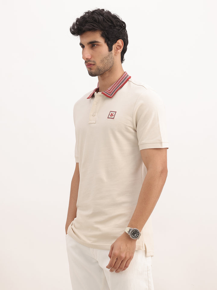Classic Slim Fit Jacquard Collar Polo T-Shirt | Beige