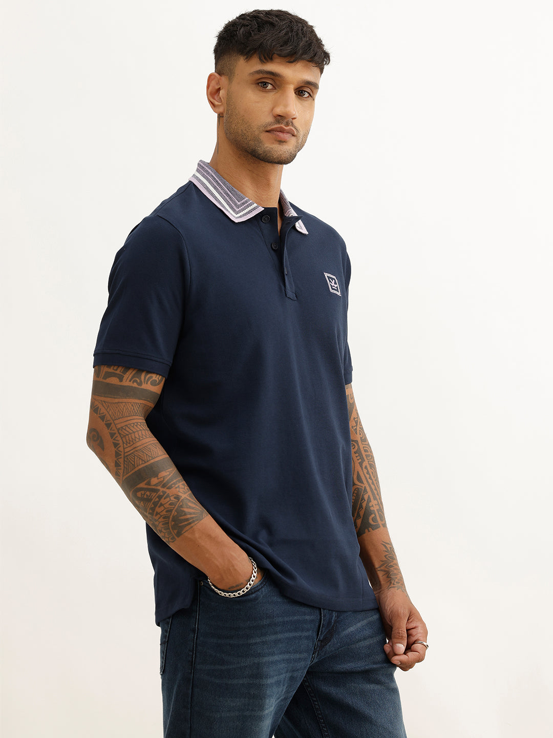 Slim Fit Contrast Collar Polo T-Shirt | Navy Blue