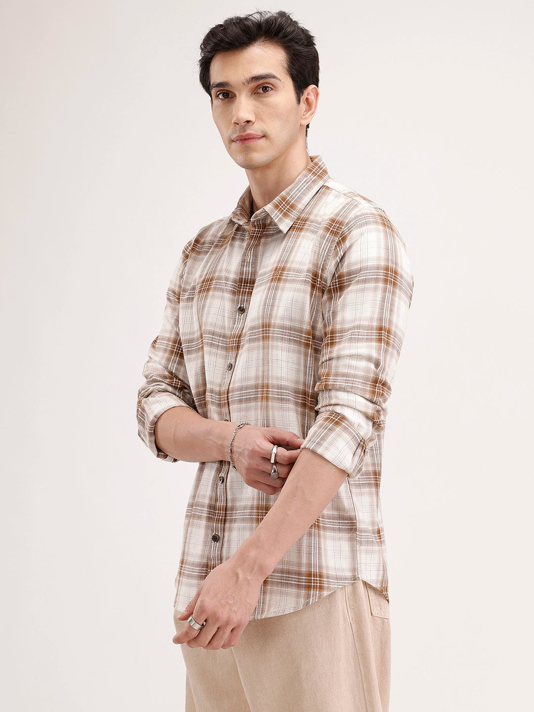 Slim Fit Herringbone Checkered Shirt | Brown