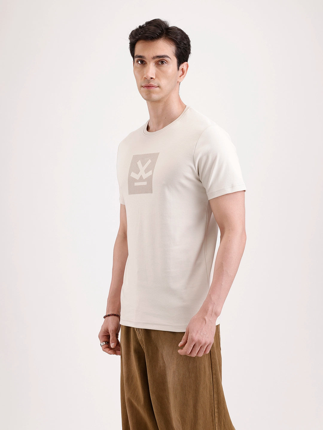 Solid Flock Printed T-Shirt   |  Beige