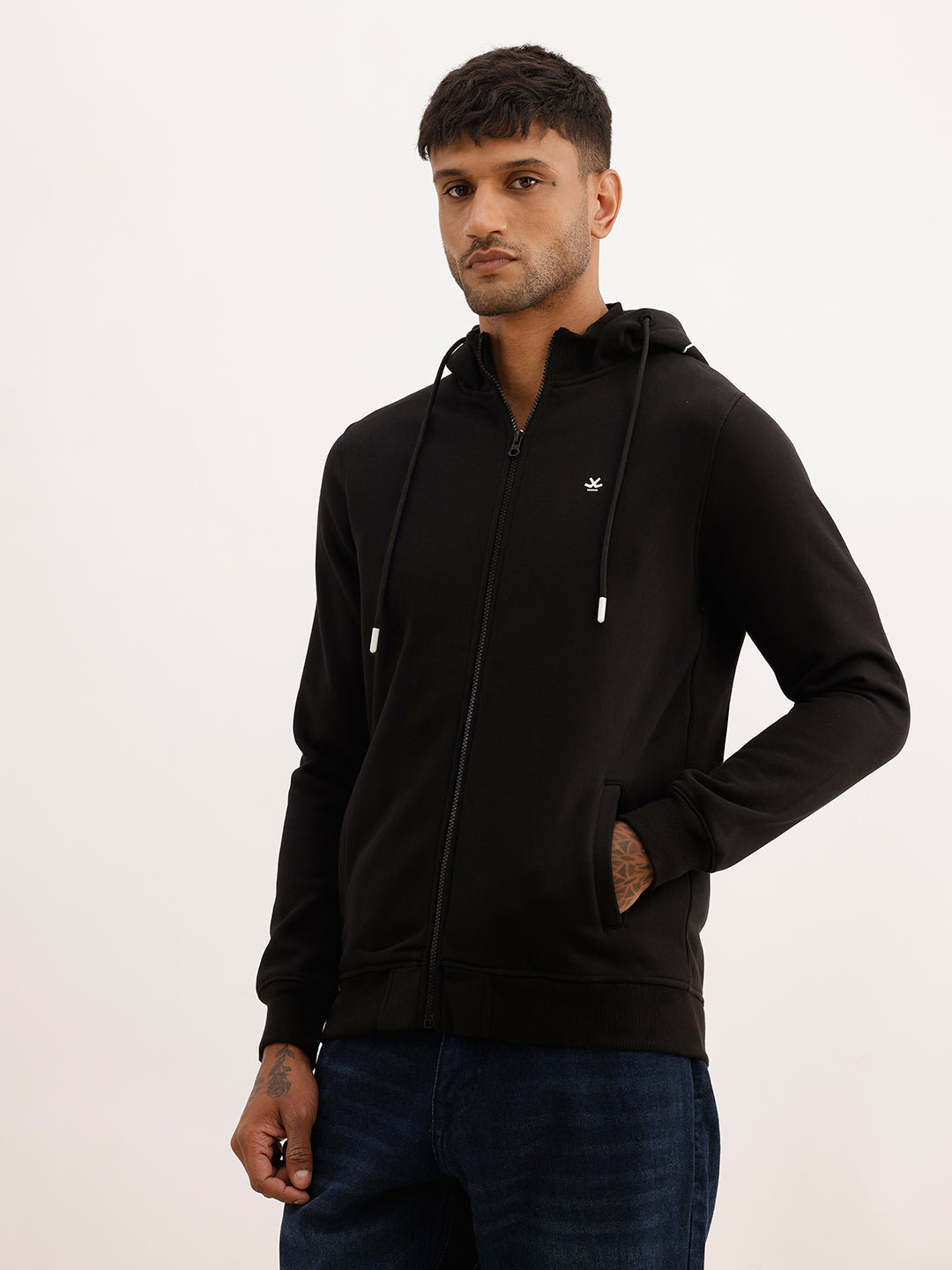 Solid Placement Printed Hooded Sweatshirt | Black | WLSS1400
