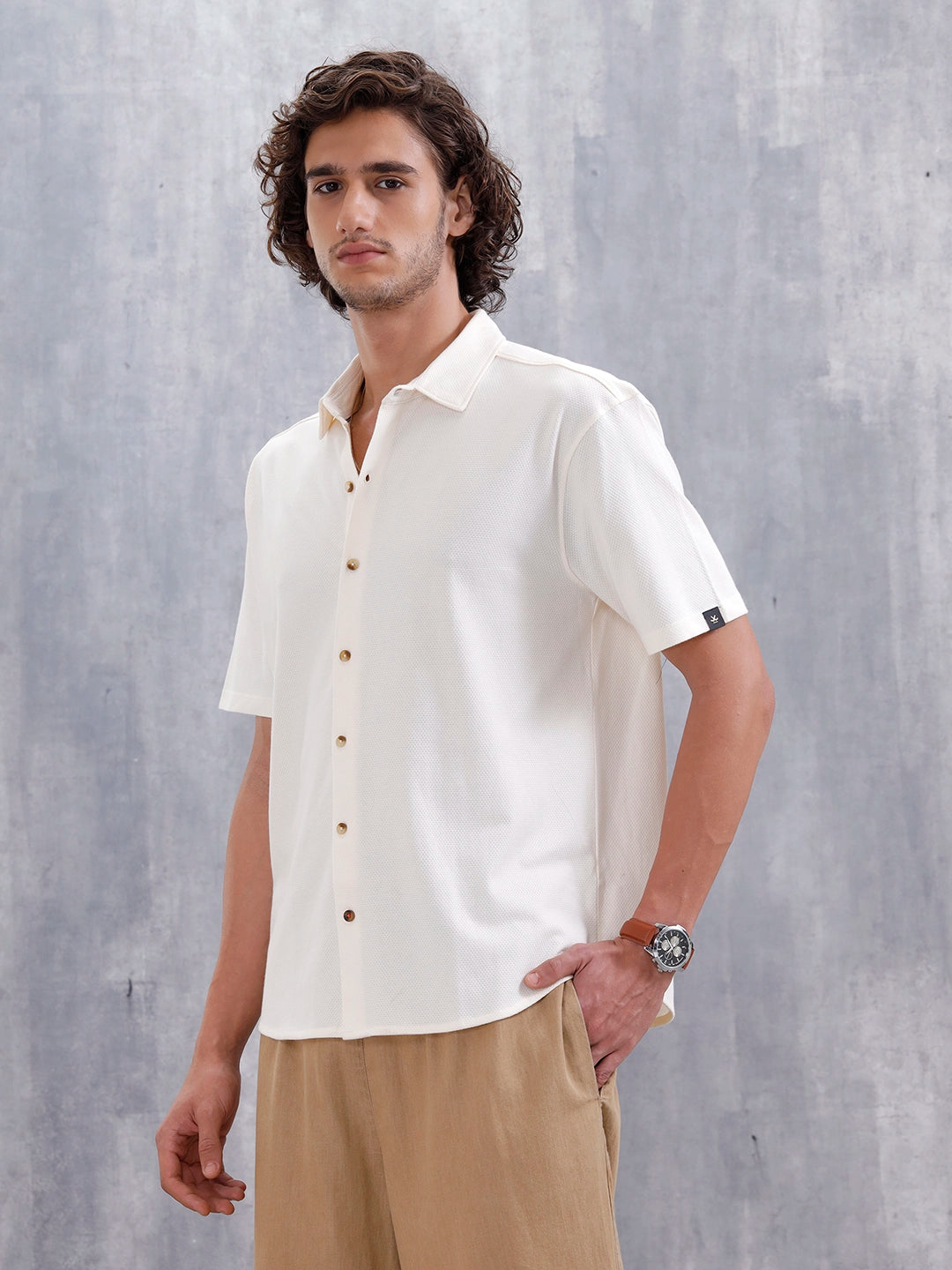 Knit Popcorn Texture Slim Fit Shirt | Off White