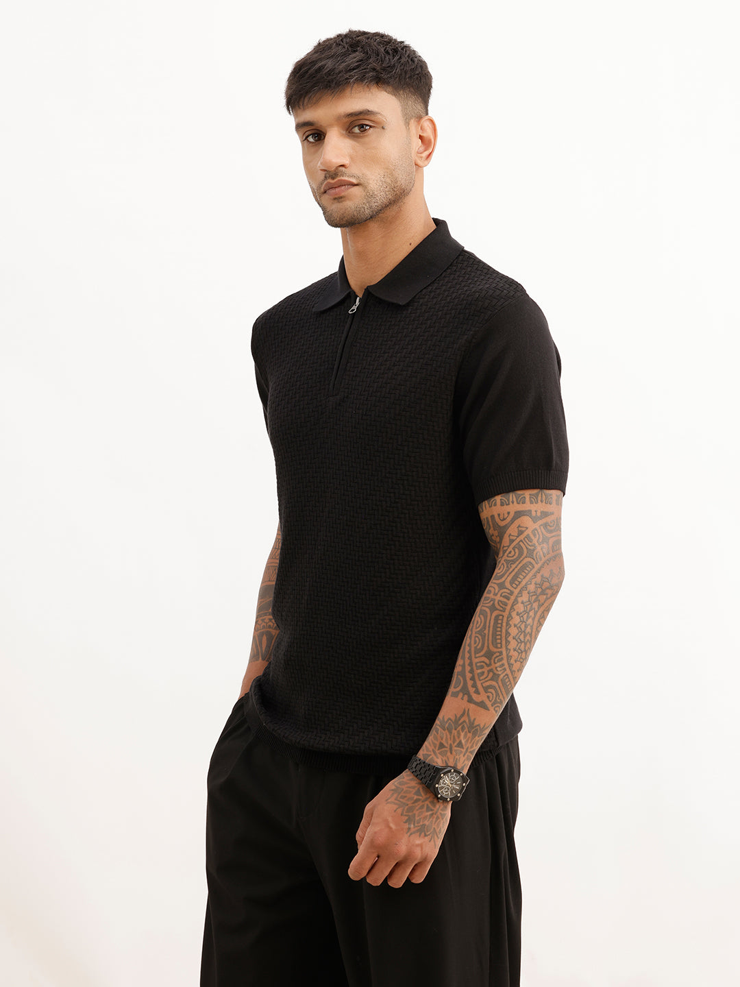 Solid Textured Quater Zipper Polo T-Shirt | Black
