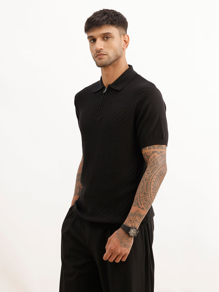 Solid Textured Quater Zipper Polo T-Shirt | Black