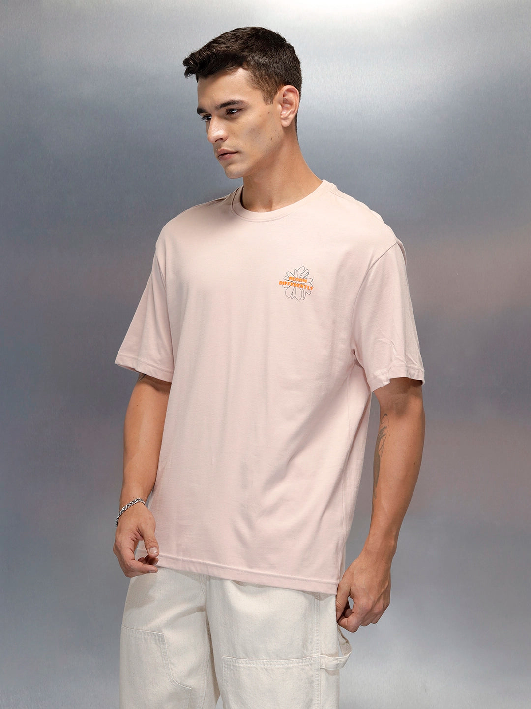 Men's Casual Oversized Fit T-Shrit With Back Graphics | Beige