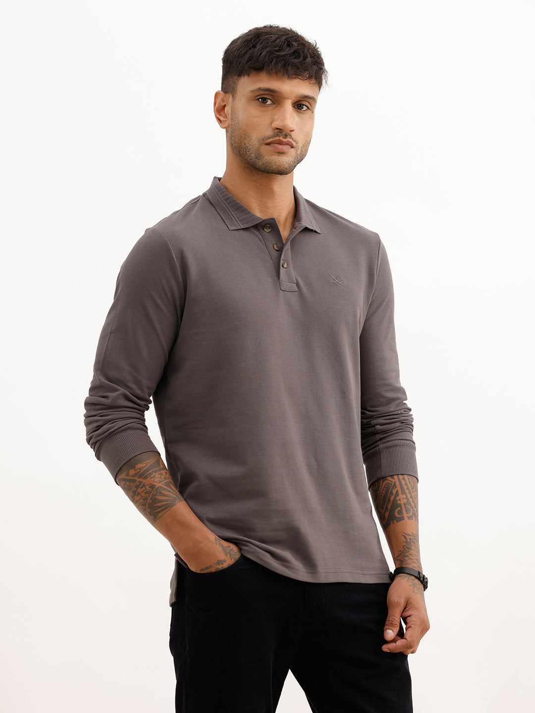 Solid Slim Fit Full Sleeve Polo T-Shirt | Dark Grey | WPT02FSSL1606S