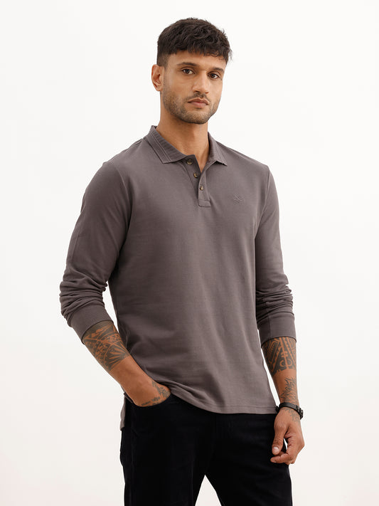 Solid Slim Fit Full Sleeve Polo T-Shirt | Dark Grey