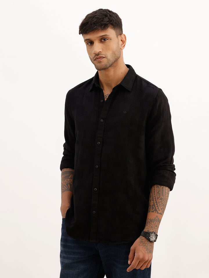 Solid Textured Slim Fit Full Sleeve Shirt | Black