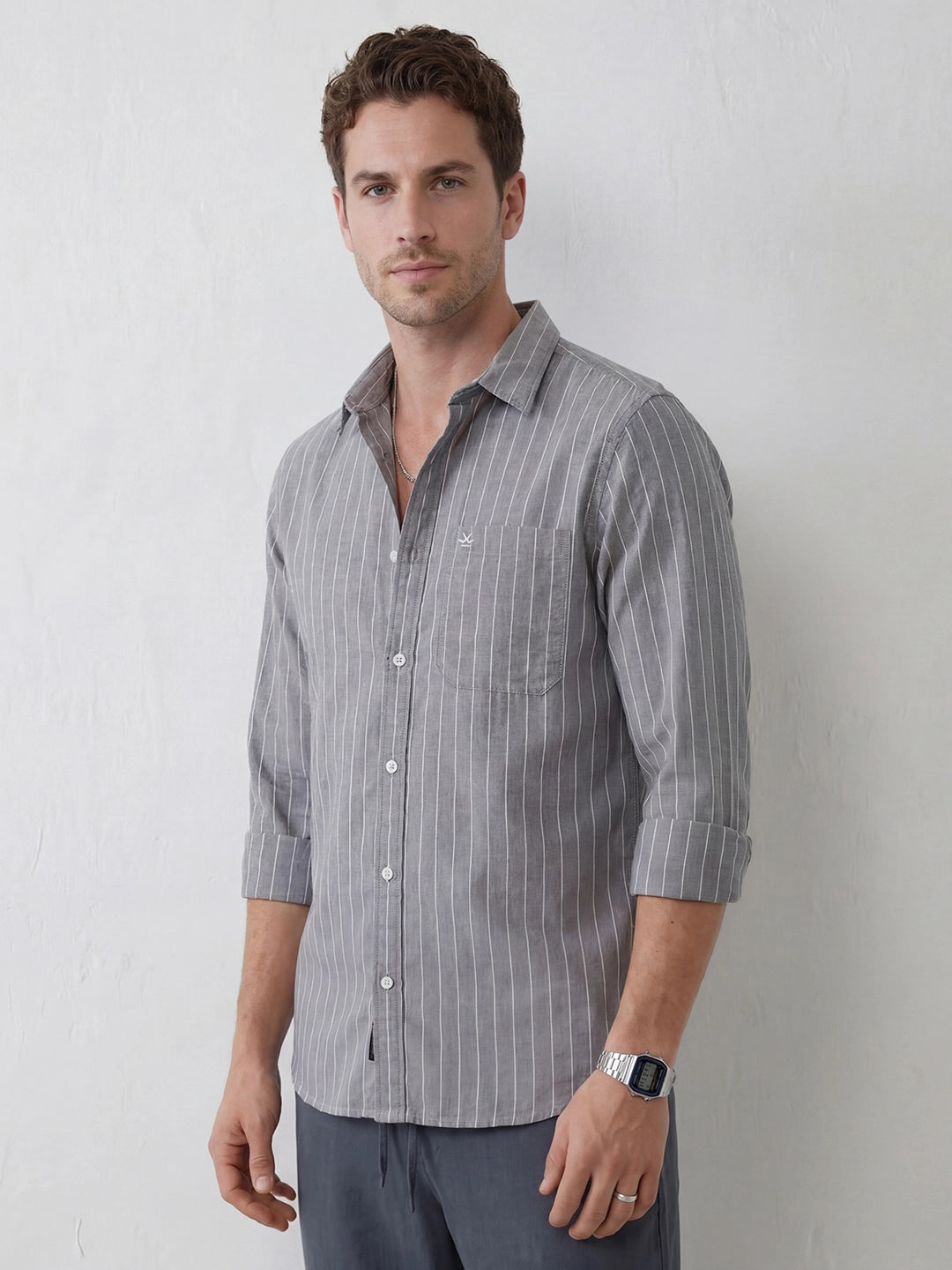 Striped Slim Fit Full Sleeves Shirt | Grey