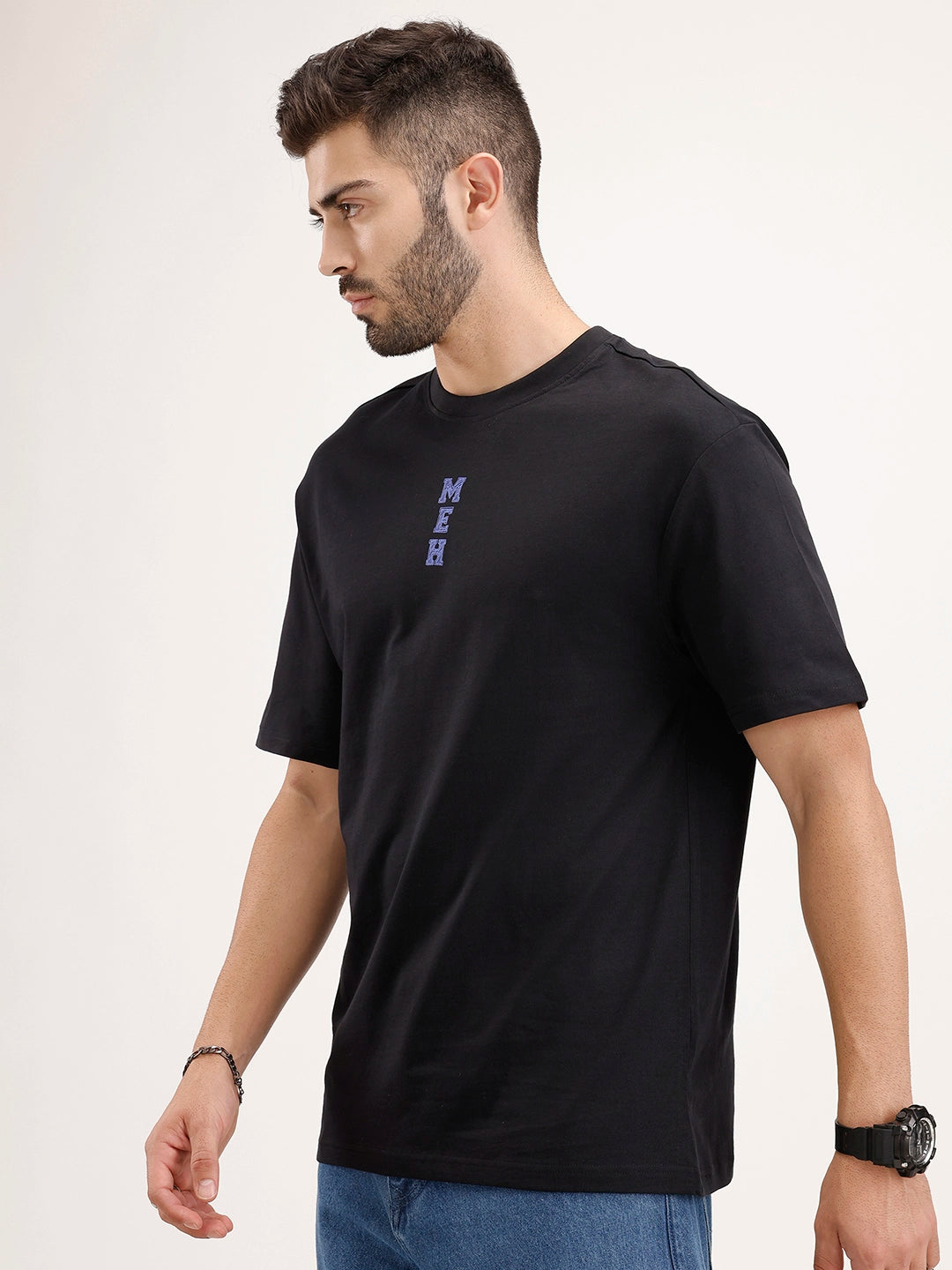 Oversized Embrodered Patch Detail T-Shirt | Black