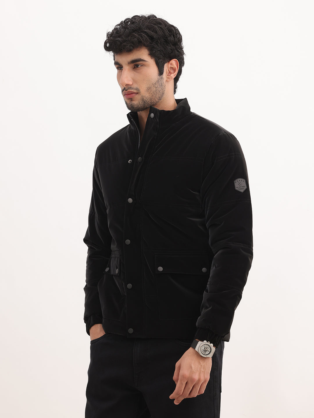 Solid Regular Fit Puffer Jacket | Black