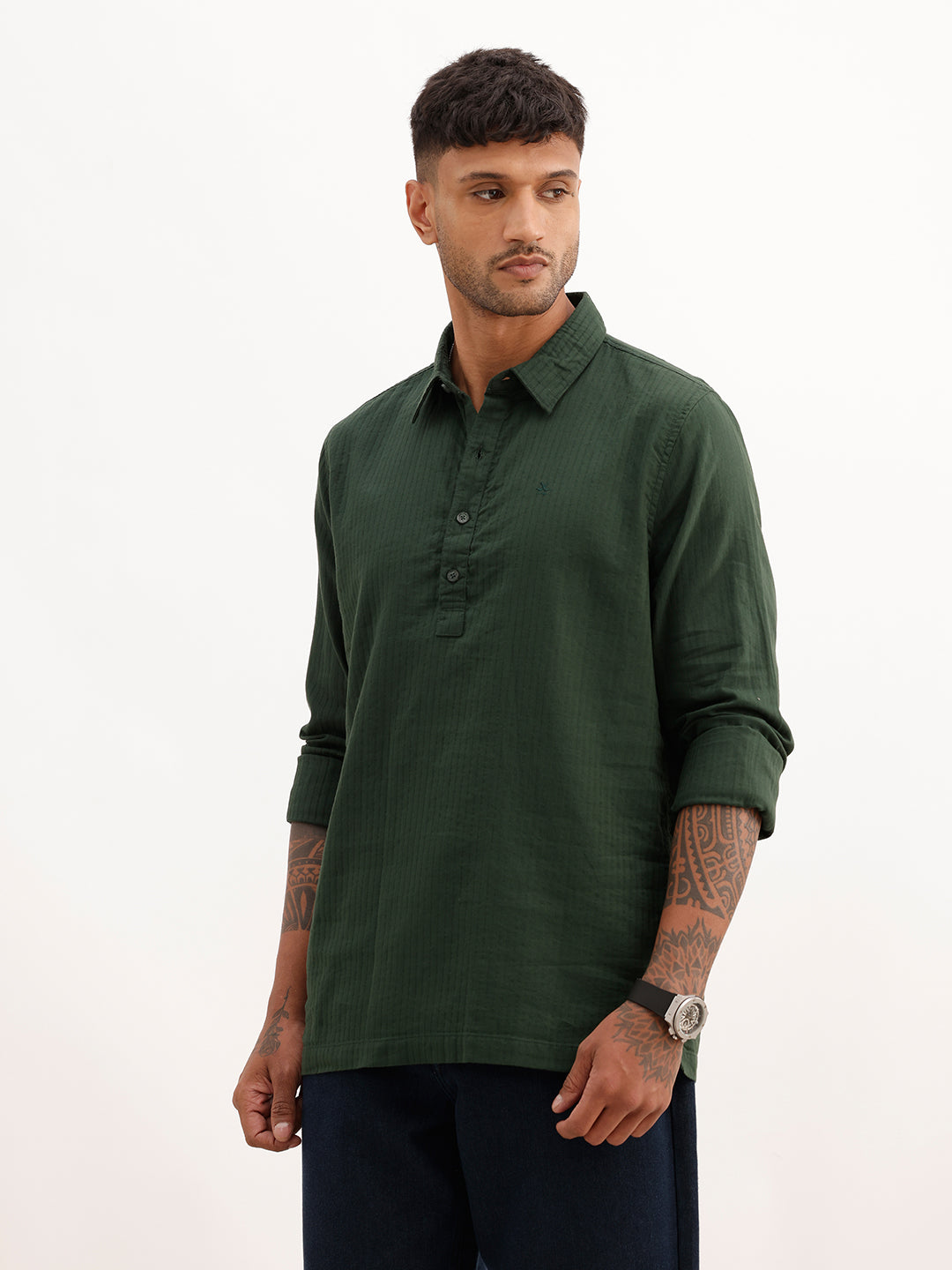 Textured Half Placket Full Sleeve Shirt | Dark Green
