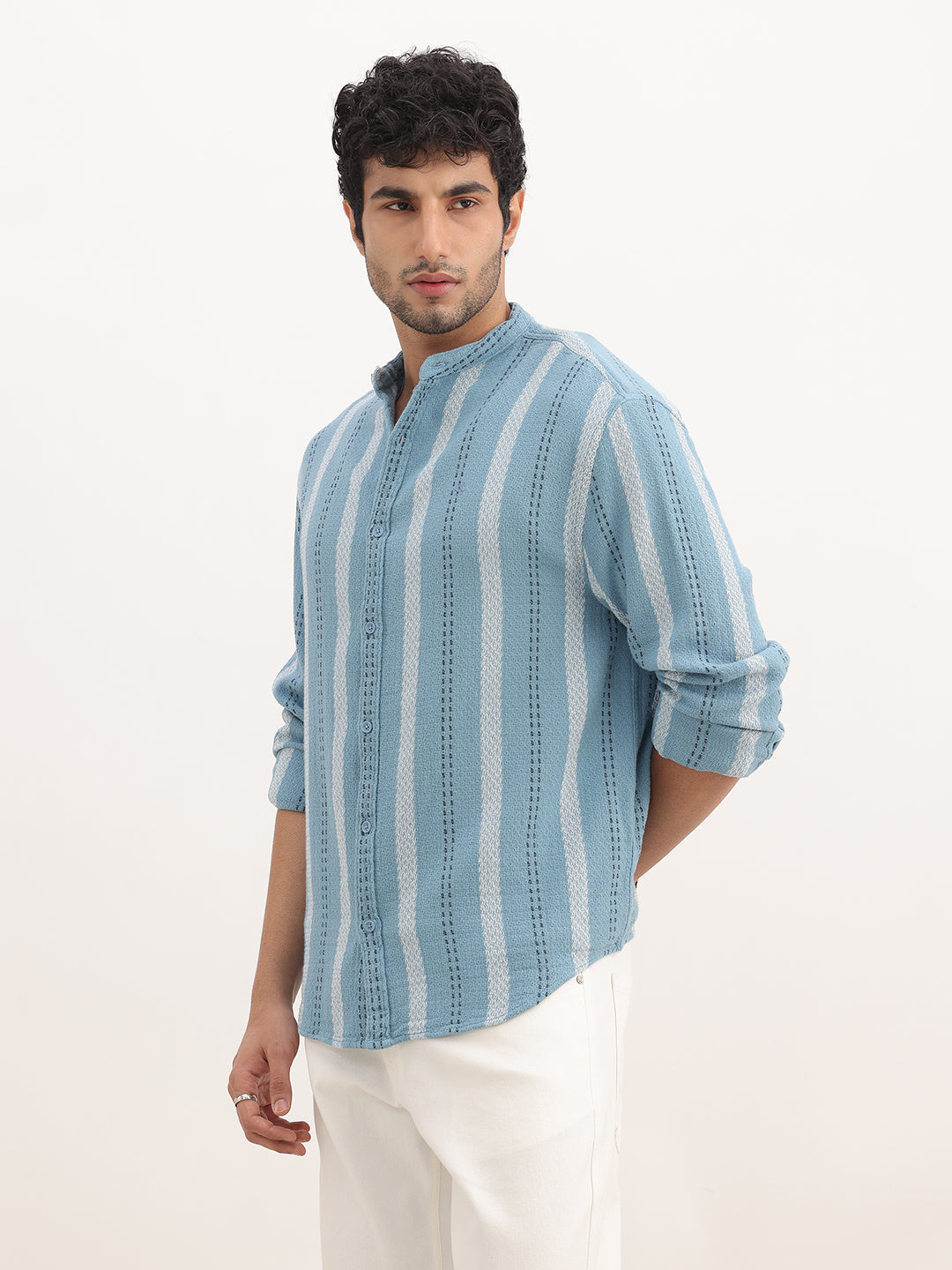 Comfort Fit Mandrin Collar Stripe Shirt | Blue