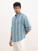 Comfort Fit Mandrin Collar Stripe Shirt | Blue