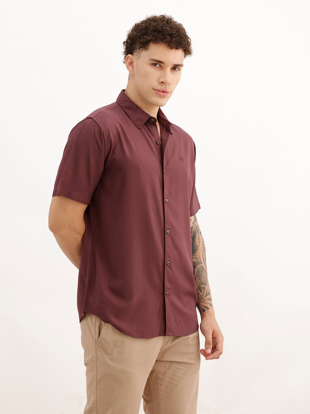 Slim Fit Viscose Bamboo Half Sleeve Shirt | Wine | WSH02HSSL0002S