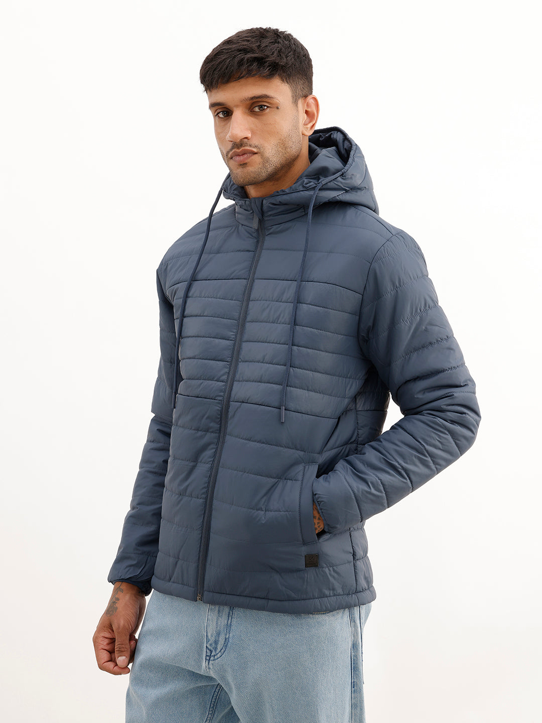Solid Regular Fit Puffer Hooded Jacket | Blue