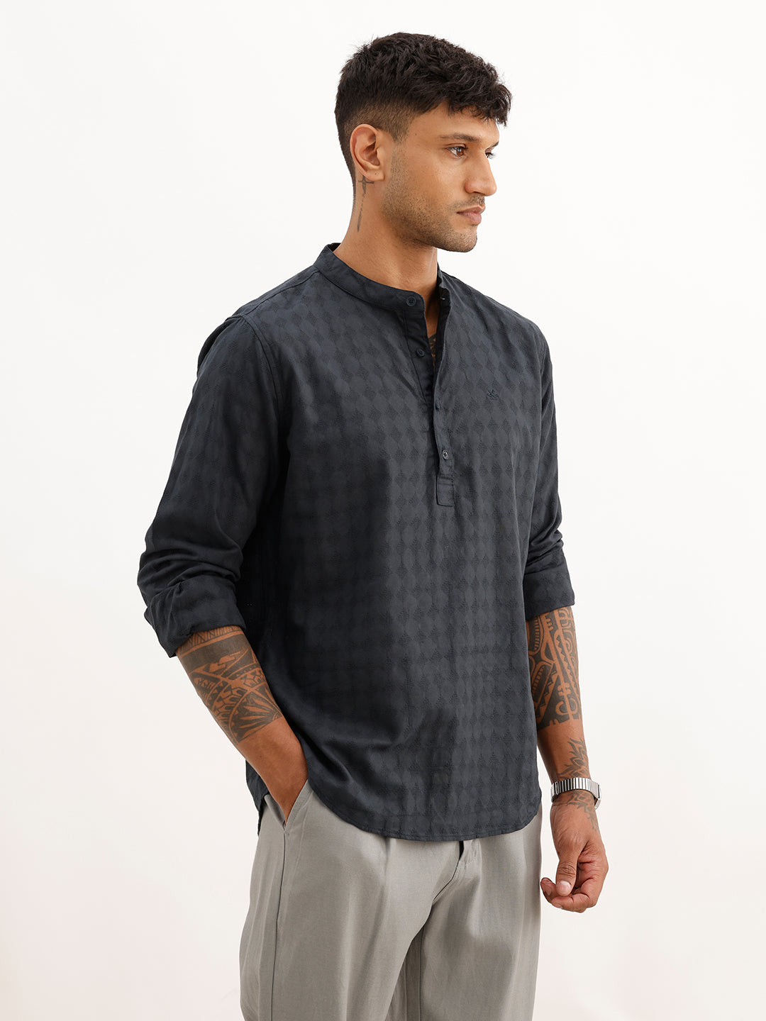 Textured Slim Fit Mandrin Collar Shirt | Navy Blue