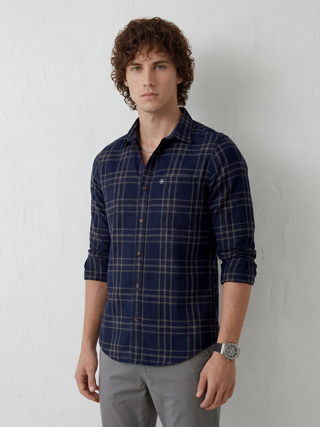Men's casual checkered pattern slim fit shirt | Navy Blue