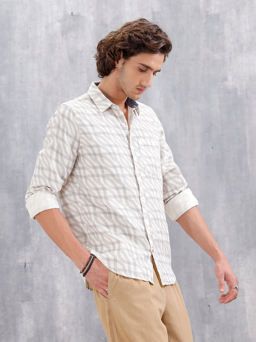 Textured Printed Slim Fit Shirt | Off White
