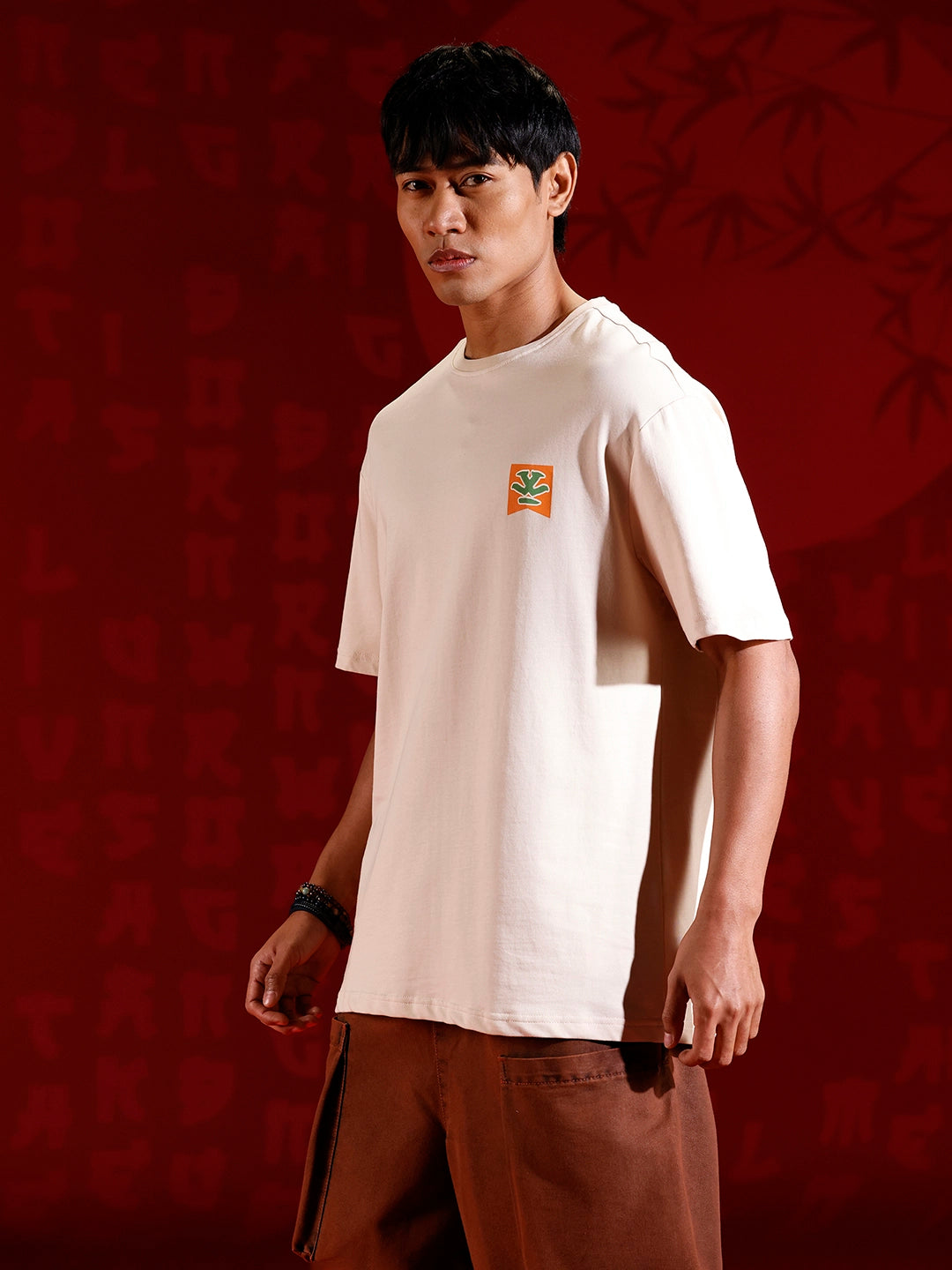 Oversized Black Cotton T-shirt with Graphic Accent | Beige