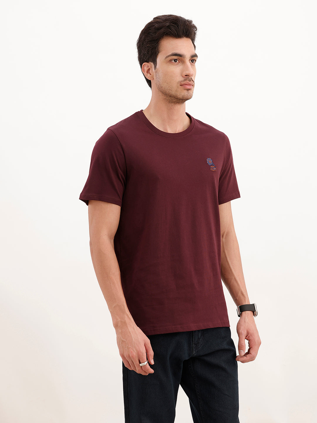 Slim Fit Quirky Emroidered Patch Detail T-Shirt | Wine