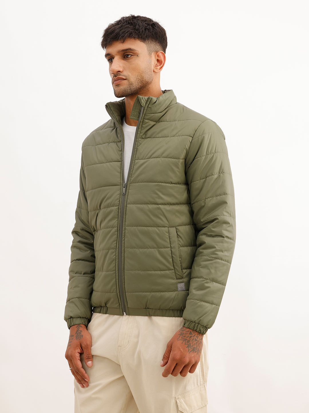 Solid Regular Fit Puffer Jacket | Green