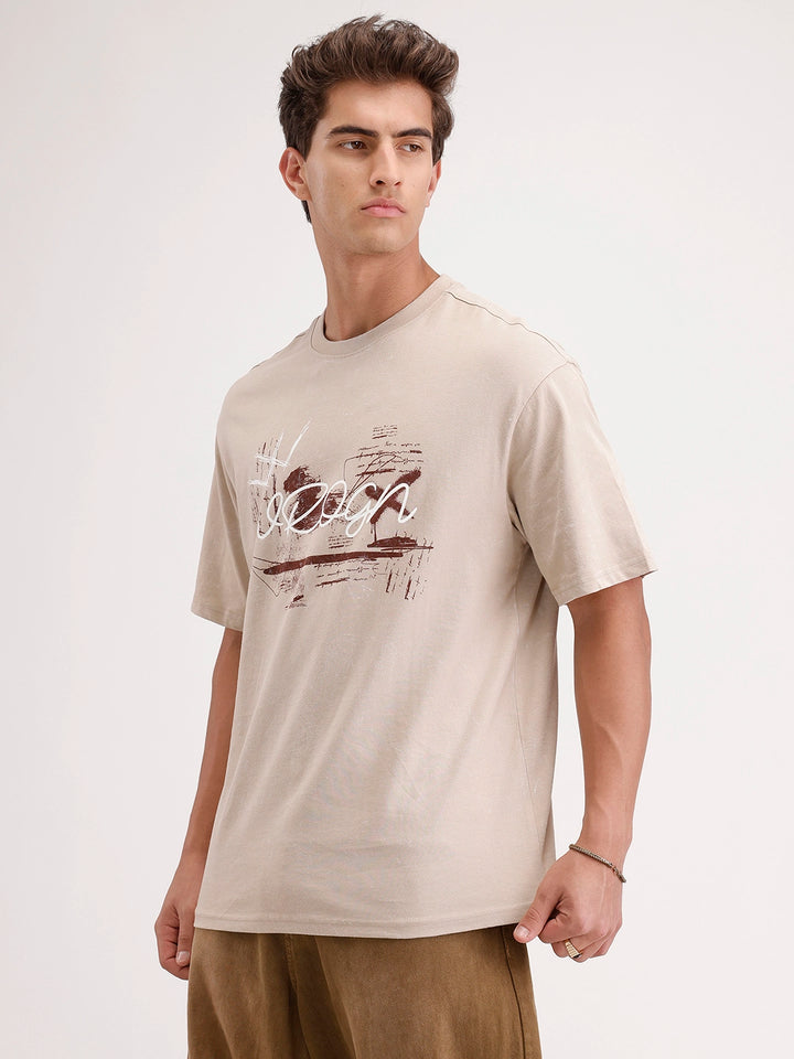 Oversized Placement Printed T-Shirt | Beige