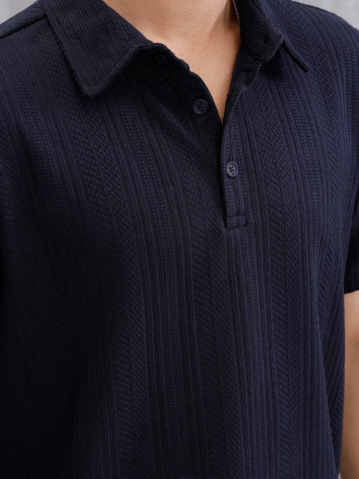 Jacquard Textured Knit Polo In Slim Fit   | Navy Blue