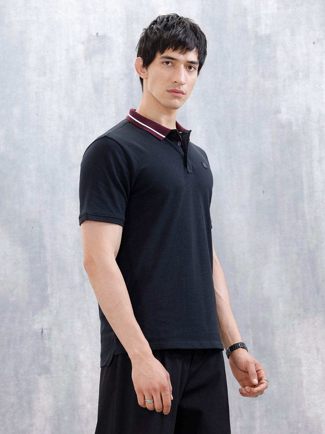 Wrogn Men's Slim Fit Polo T-Shirt With Contrast Collar | Black