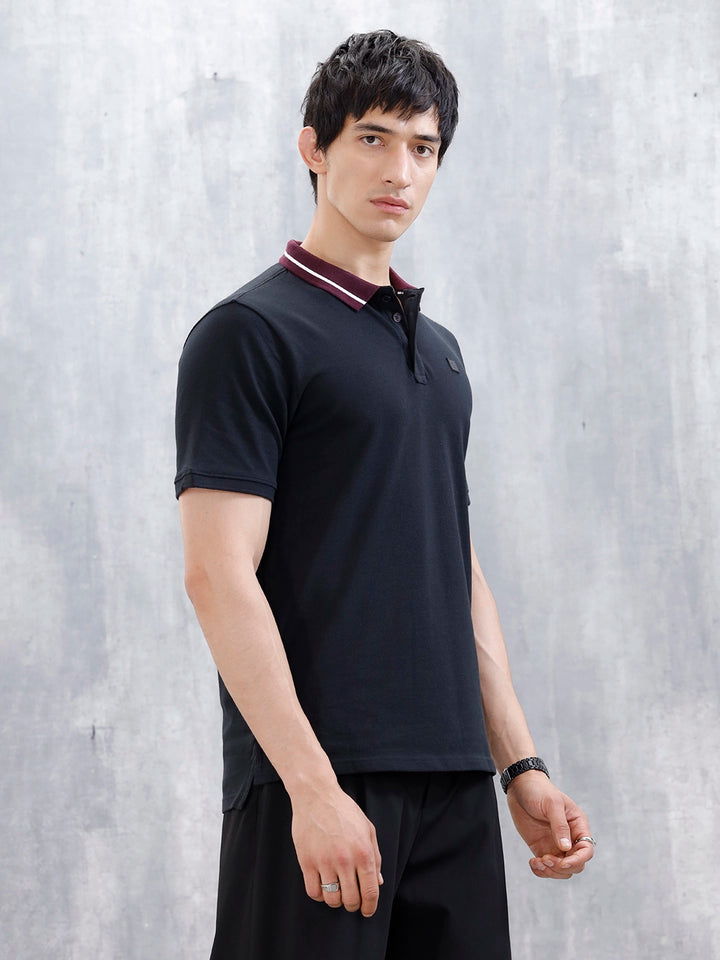 Wrogn Men's Slim Fit Polo T-Shirt With Contrast Collar | Black