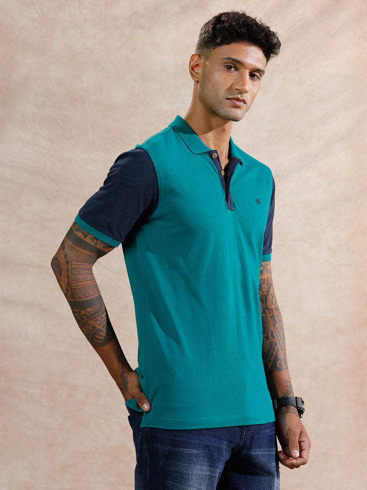 Colour Blocked Polo T-Shirt | Teal & Navy