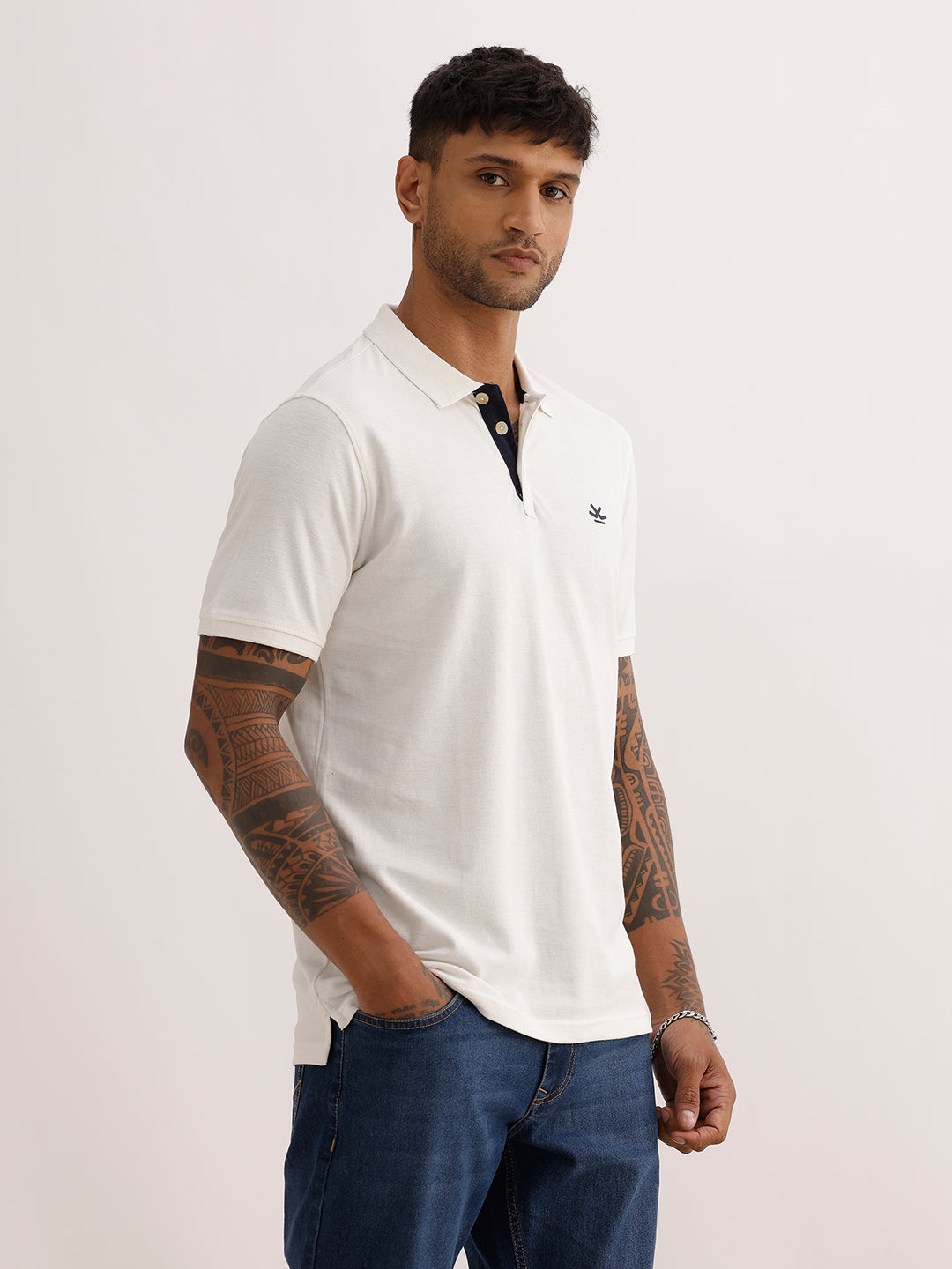 Solid Contrast Placket Polo T-Shirt | White