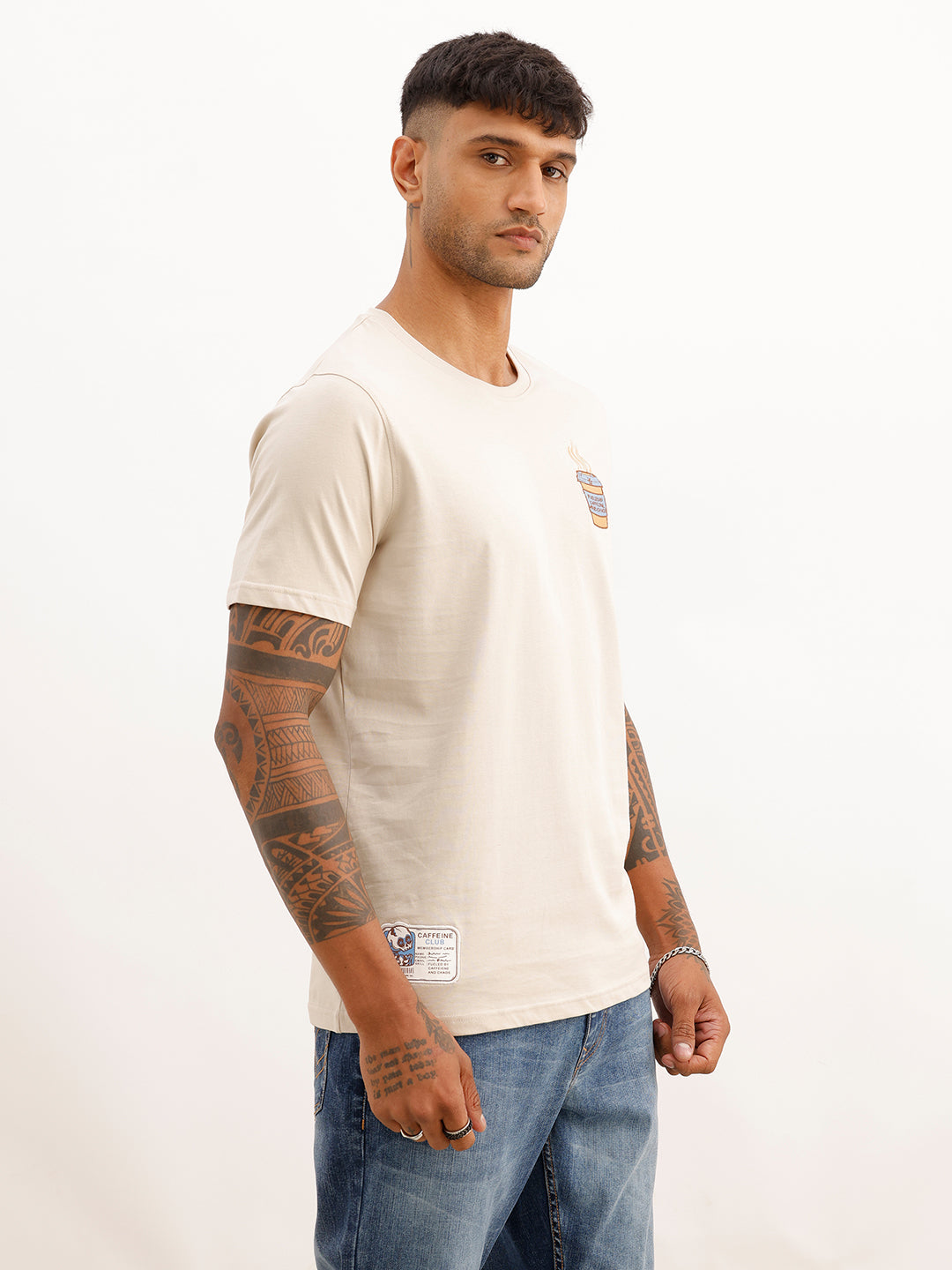 Slim Fit Placement Printed T-Shirt | Beige