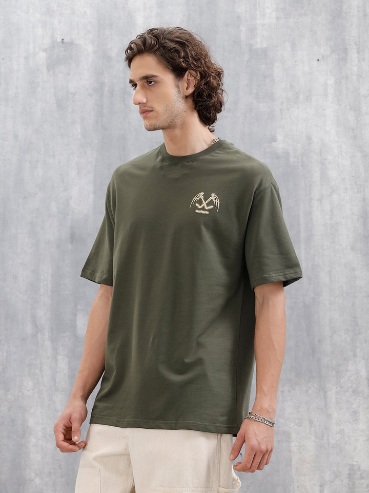 Bizarre Elements Inspired Oversized Fit T-Shirt With Back Print | Olive