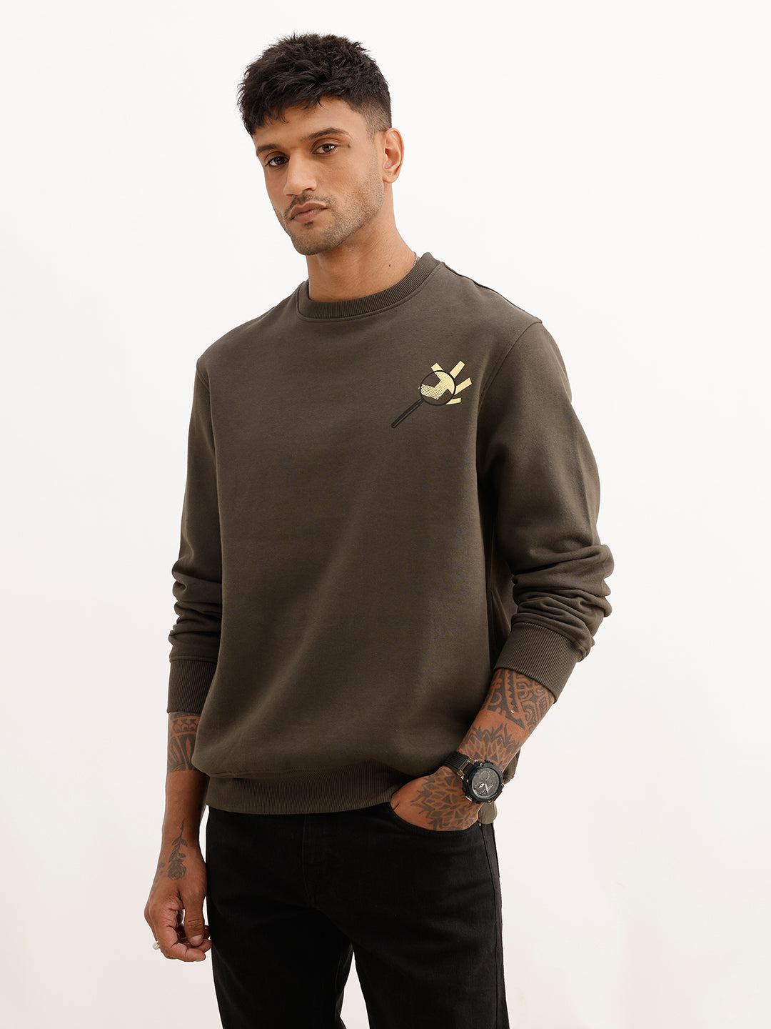 Comfort Fit Placement Printed Sweatshirt | Olive