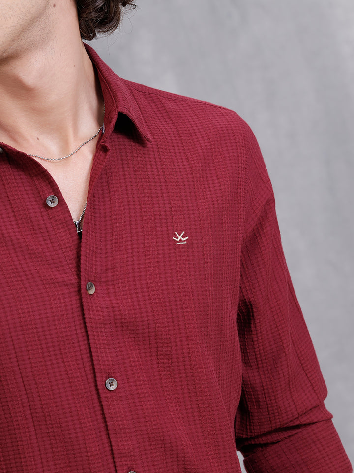 Modal Blend Seersucker Shirt In Slim Fit | Dark Maroon