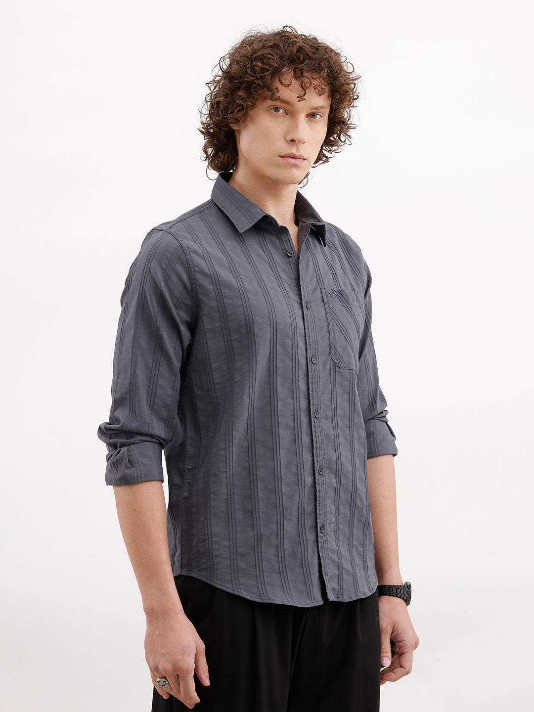 Slim Fit Textured Striped Shirt | Dark Grey