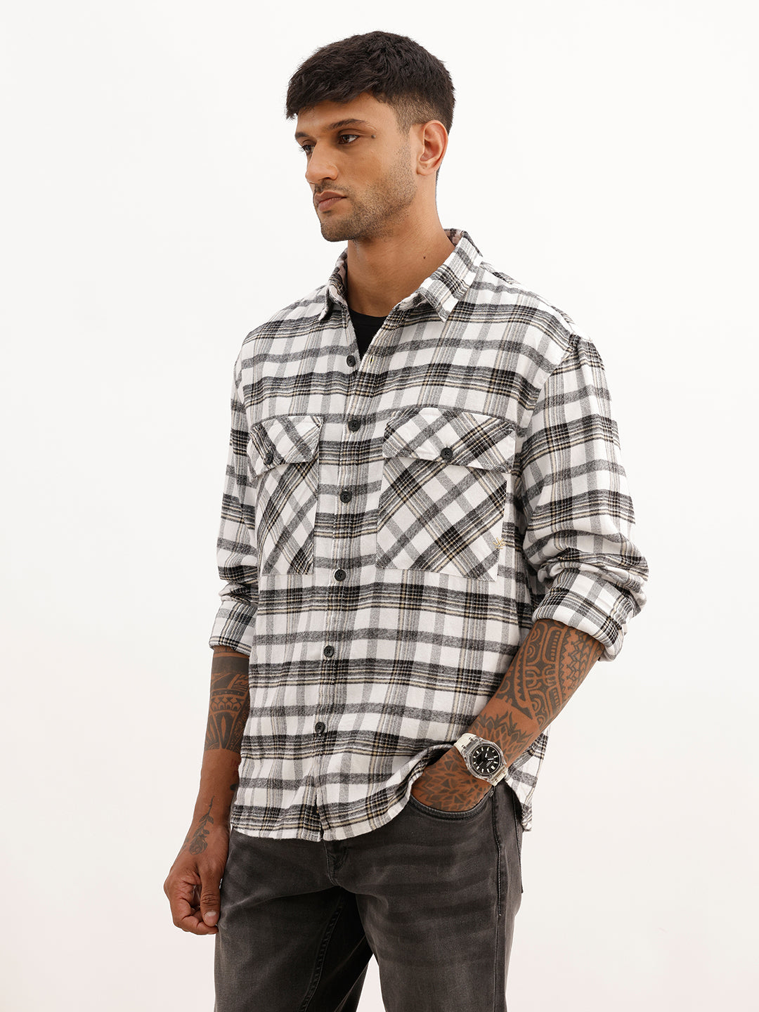 Classic Checkered Hooded Shirt | White