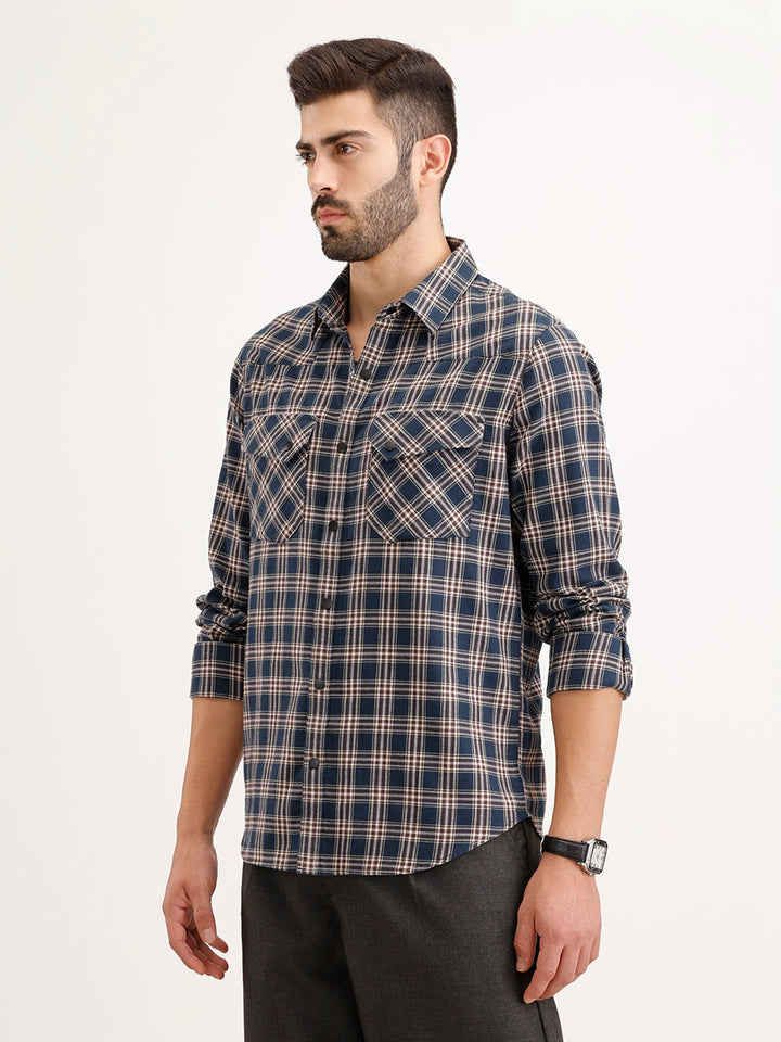 Slim Fit Double Pocket Checkered Shirt | Blue