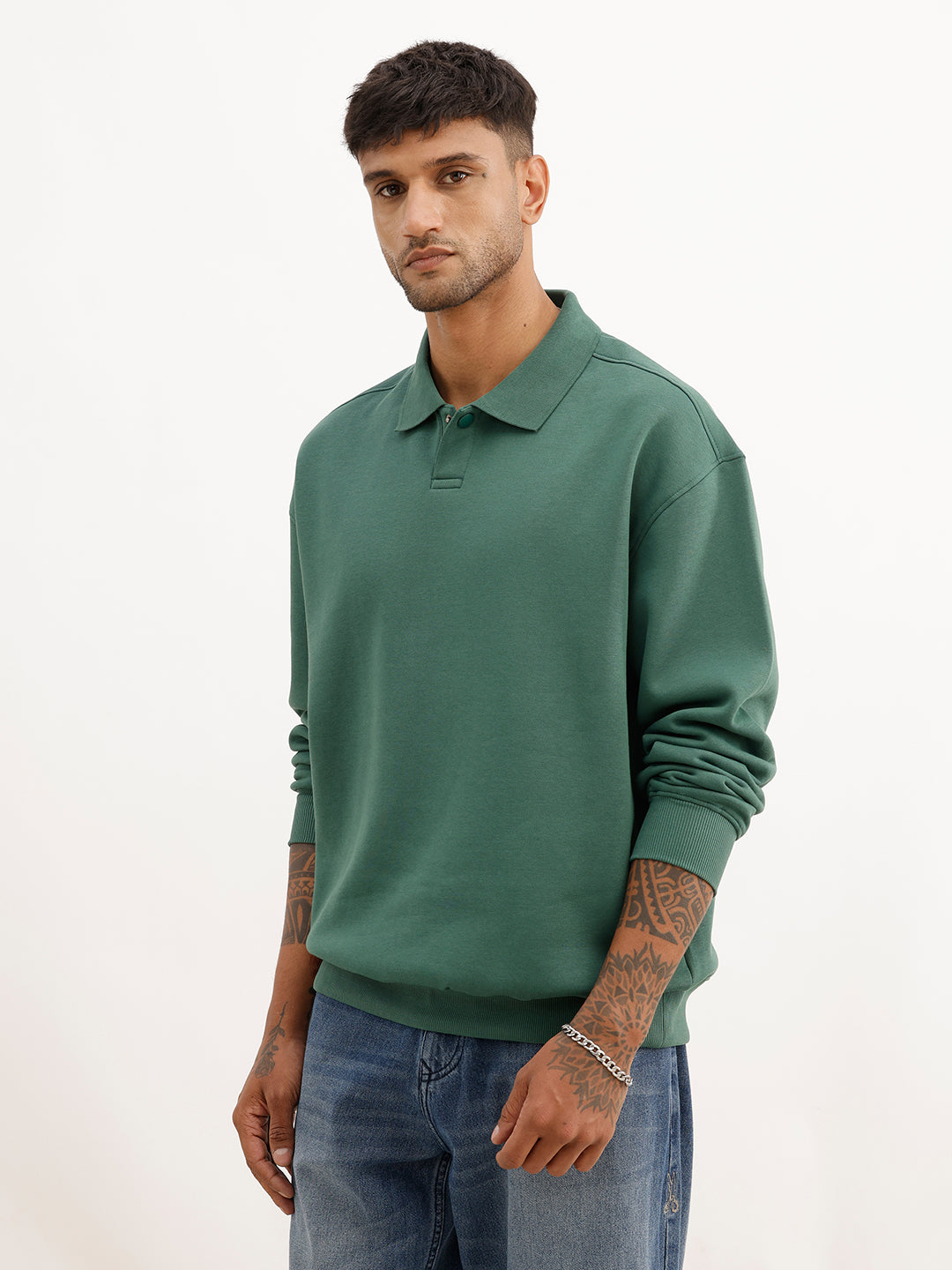 Solid Oversized Collared Sweatshirt | Green