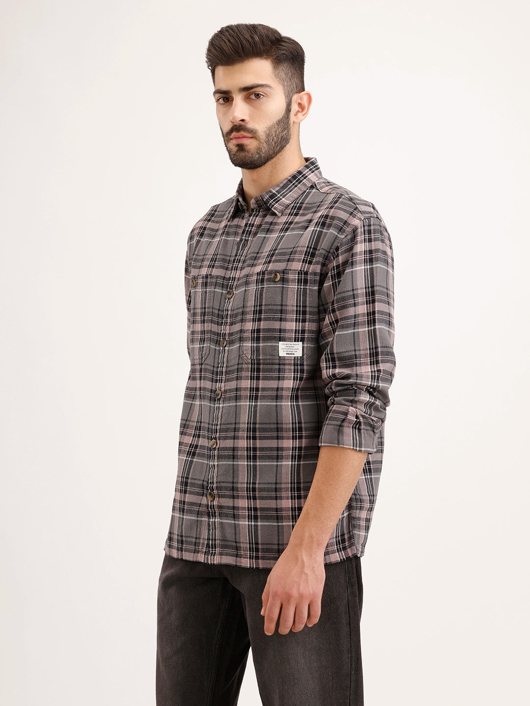 Textured Comfort Fit Double Pocket Checkered Shirt | Grey