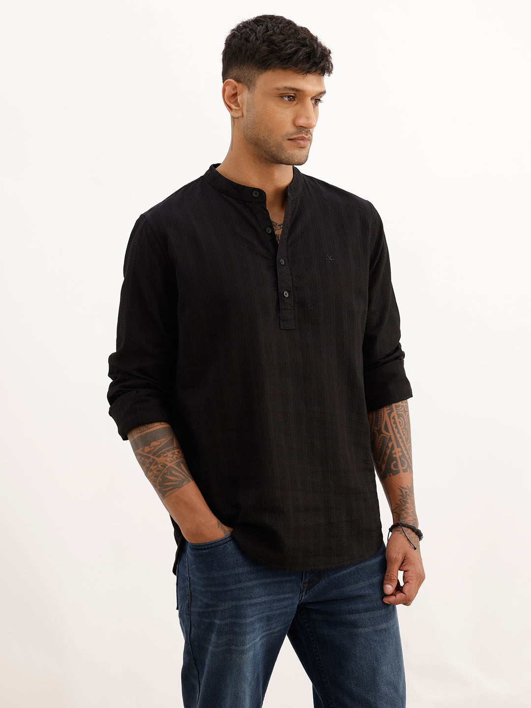 Textured Slim Fit Mandrin Collar Shirt | Black