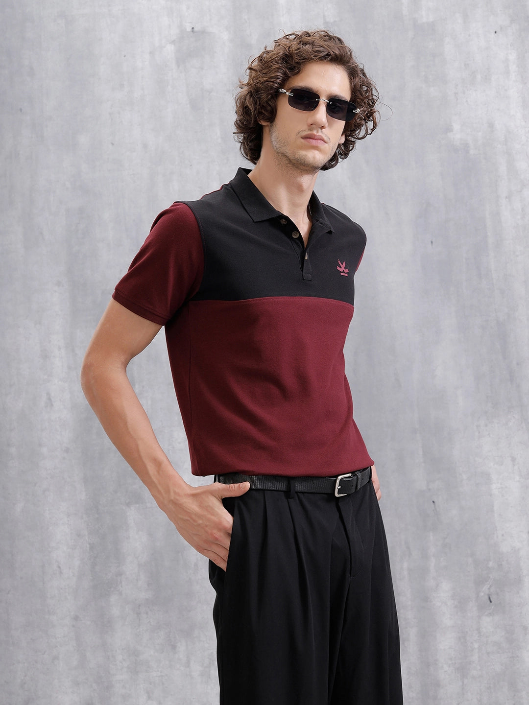 Cut & Sew Slim Fit Polo | Maroon/Black
