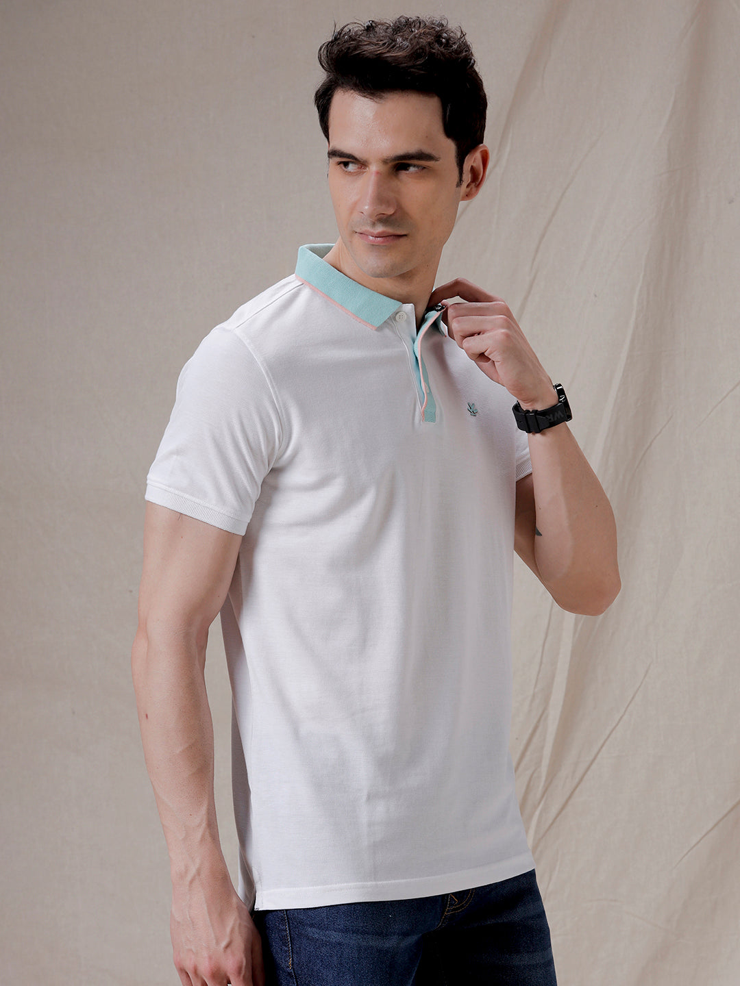 Contrast Collar White Polo T-Shirt