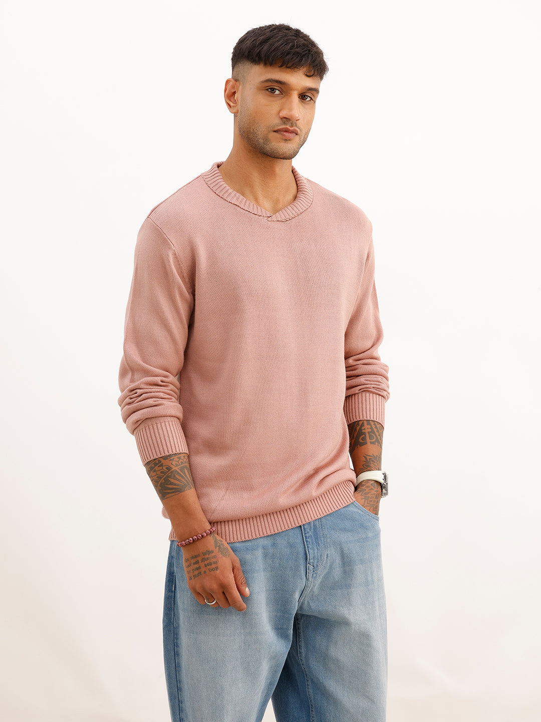 Solid Regular Fit Knitted Sweater | Pink