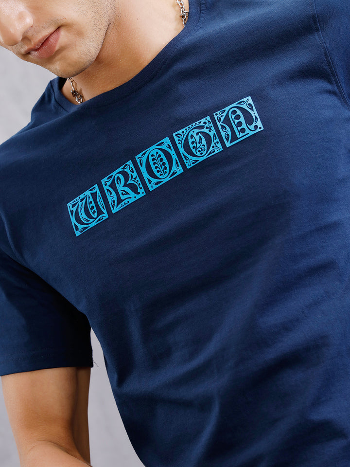 Ancient Script Inspired 3D Print Brand Carrier T-Shirt  | Navy Blue