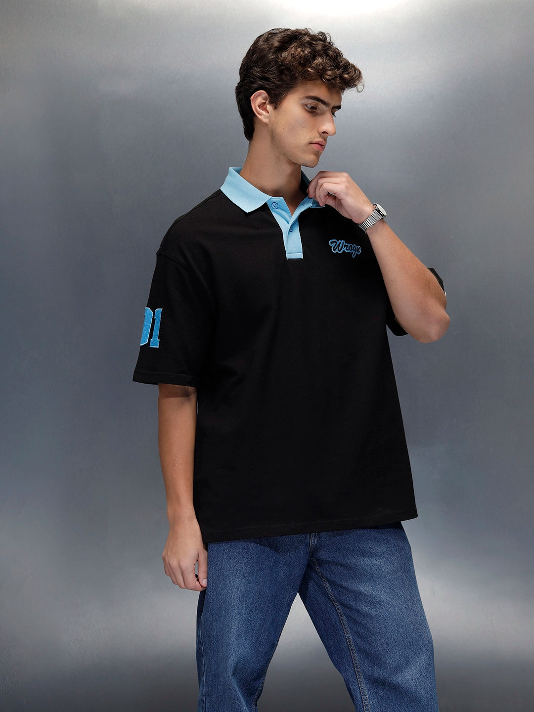 Oversized fit polo t-shirt with contrast collar | Black